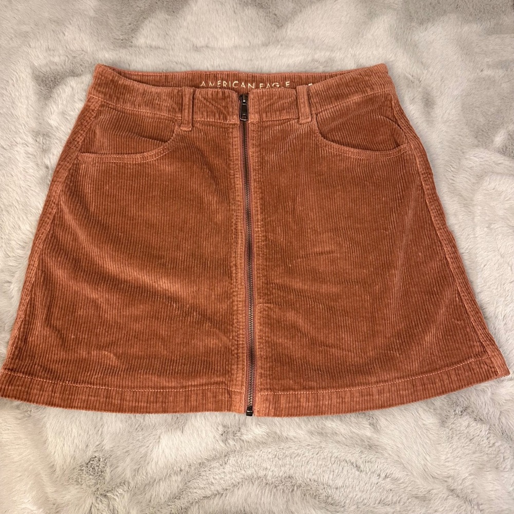 American Eagle Corduroy Mini Skirt Copper Bronze Zip Front Pockets A Line Y2K 8L